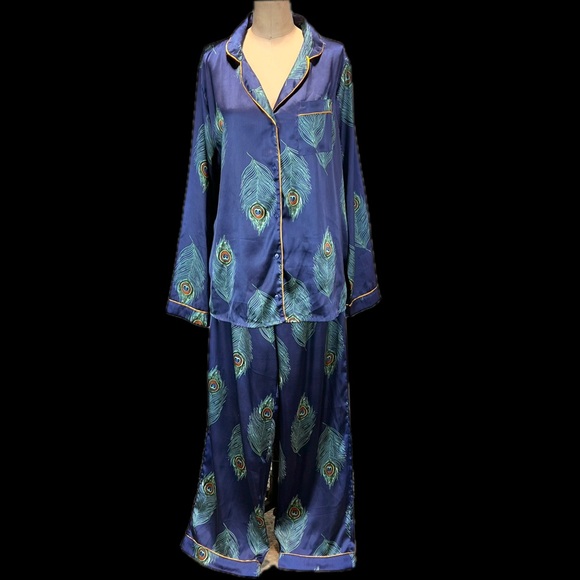 Peacock feather‎ 2 piece pajama set shirt elastic waist drawstring pants leisure - Picture 1 of 17